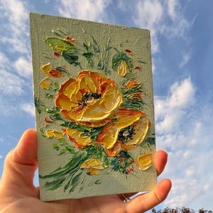 Impasto Orange Poppy Oil Painting: Small Floral Impressionist Art