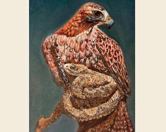 Falcon and Snake Original Oil Painting: Wildlife Rustic Home Decor