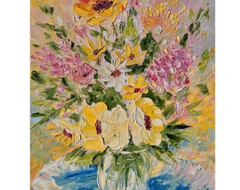 Flower Bouquet Painting Wall Art Oil Impasto Original 11x14 Textured Floral Canvas