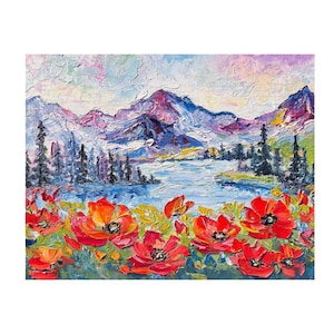 Colorado Rockies Oil Painting, Maroon Lake Landscape, Original Artwork with Wildflowers