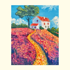 Irish Cottage Original Painting, 8x10 Oil on Panel, Impasto Landscape, Flower Field Wall Art