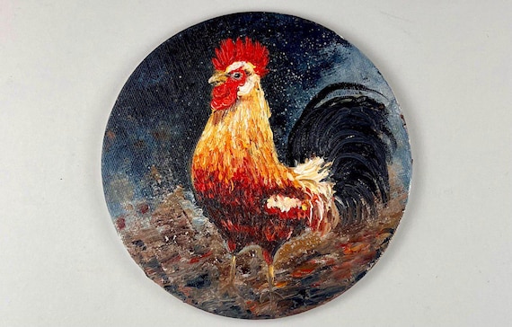 Rooster Painting, Farmhouse Wall Art, Country Kitchen Decor, Original Oil Painting, Round Art 6 inch