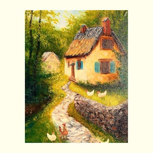 Irish Cottage Oil Painting: Chickens, Rustic Farmhouse Landscape, Impasto Art