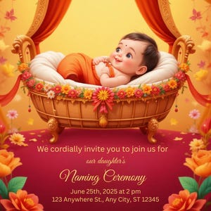 Puede incluir: Invitación digital para una ceremonia de nombramiento. La imagen presenta a un bebé con ropa naranja en una cuna decorativa. El texto de la invitación dice: "Le invitamos cordialmente a unirse a la ceremonia de nombramiento de nuestra hija".