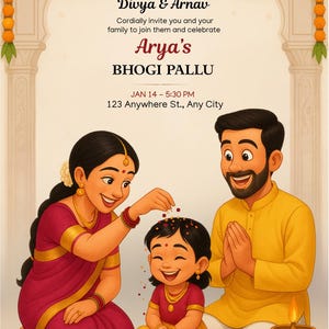 Puede incluir: Invitación ilustrada para la celebración de Bhogi Pallu de Arya. La imagen presenta a una familia, con el texto "Divya & Arnav" y los detalles del evento. La familia viste ropa tradicional india, con una guirnalda floral decorativa.