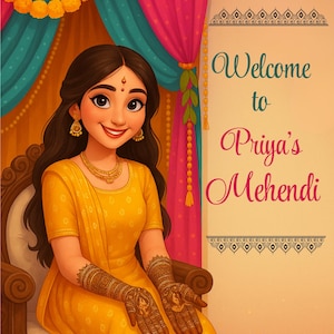 May include: An illustration of a woman in a yellow dress with henna tattoos, seated in a chair. The image has text that reads "Welcome to Priya's Mehendi". The background includes colorful curtains and floral decorations, creating a festive atmosphere.