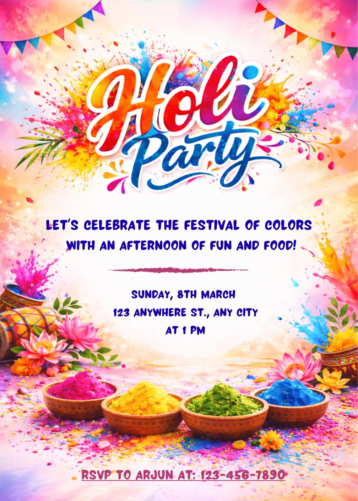 Holi Party Invitation Template | Festival of Colors Digital Invite ...