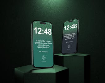 May include: Two smartphones with green and black gradient screens showing the time 12:48 and the text "What's the rarest quality people don't know they're searching for?" and "Self-awareness". The phones are on a dark green plinth.