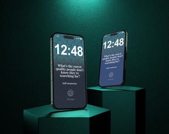 May include: Two smartphones displaying the time 12:48. The screens show the text "What's the rarest quality people don't know they're searching for?" and "Self-awareness." The phones are on a teal surface.