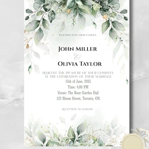 Op de afbeelding: Trouwkaart met de namen John Miller en Olivia Taylor. De uitnodiging bevat de datum, tijd en locatie: The Rose Garden Hall, 123 Bloom Street, Toronto, ON. Het ontwerp bevat groene bladeren en gouden accenten.