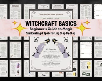 May include: A beginner's guide to magic, spellcasting, and spellcrafting. The image features the text "WITCHCRAFT BASICS" and "Beginner's Guide to Magic Spellcasting & Spellcrafting Step-By-Step". The image also includes key takeaways and illustrations.