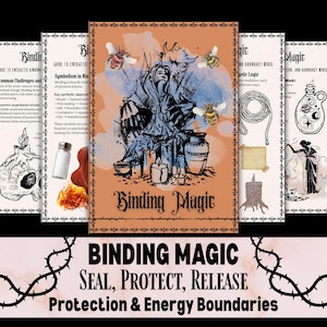 Op de afbeelding: Een verzameling geïllustreerde gidsen op een crèmekleurige achtergrond, met de titel "Binding Magic" in een gotisch lettertype. De centrale afbeelding toont een tovenaarachtige figuur met bijen, kaarsen en een ketel. Extra gidsen beschrijven energetische binding, symboliek en grenswerk.