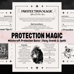 May include: A black and white graphic with the words "PROTECTION MAGIC" and "Witchcraft Protection Basics | Daily Shields & Spells." The image includes illustrations of candles, stars, and text detailing protection practices and tips.