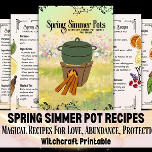 Puede incluir: Un conjunto de tarjetas de recetas imprimibles para ollas a fuego lento de primavera. La tarjeta central presenta una olla verde sobre una estufa de madera con leños ardiendo. El texto dice "Spring Simmer Pots" y "10 Witchy Simmer Pot Recipes for Spring".