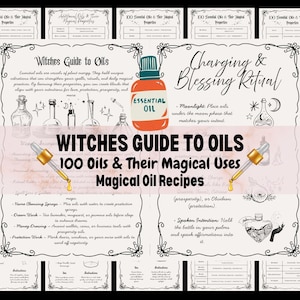 Puede incluir: Un conjunto de páginas imprimibles tituladas "Guía de las brujas sobre aceites" con texto e ilustraciones. Las páginas incluyen información sobre aceites esenciales, sus usos mágicos y recetas. El diseño presenta una pancarta central con el título y una botella de aceite esencial.