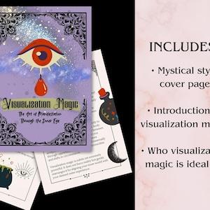 K&ouml;nnte beinhalten: Ein mystisch gestaltetes Buchcover mit dem Titel "Visualization Magic" mit einer Augenillustration und einem Tropfen. Das Cover ist lila mit dekorativen Bord&uuml;ren. Zus&auml;tzliche Seiten zeigen Illustrationen eines Kessels, eines Mondes und einer Flaschen.