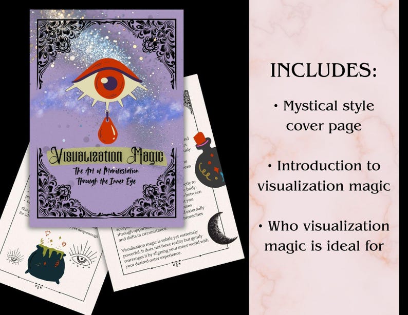 K&ouml;nnte beinhalten: Ein mystisch gestaltetes Buchcover mit dem Titel "Visualization Magic" mit einer Augenillustration und einem Tropfen. Das Cover ist lila mit dekorativen Bord&uuml;ren. Zus&auml;tzliche Seiten zeigen Illustrationen eines Kessels, eines Mondes und einer Flaschen.