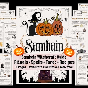 May include: A Samhain Witchcraft Guide with rituals, spells, tarot, and recipes. The image features a black cat wearing a witch hat, jack-o'-lanterns, and the text "Samhain". The guide is 11 pages and celebrates the Witches' New Year.