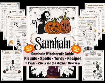 Samhain Witchcraft Guide Printable | Wiccan Grimoire Pages, Rituals, Spells, Tarot Spreads, Crystal Grid, Diffuser Blends, Simmer Pots, Food