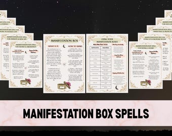 May include: A collection of beige and gold-framed cards with text, arranged in an arc. The cards are titled "Manifestation Box Spells" and cover topics like money, love, and protection. The background is a starry night sky.