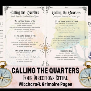 May include: A set of grimoire pages titled "Calling the Quarters" for ritual and sacred space. The pages feature text about the four directions, a compass, and a sun symbol. The text includes phrases like "Keepers of Air" and "Holding the Sacred Space."