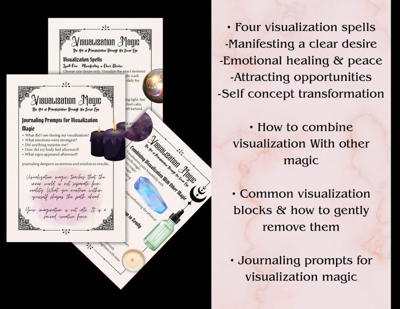 K&ouml;nnte beinhalten: Eine Sammlung von bedruckten Papieren mit dem Titel "Visualization Magic" und zugeh&ouml;rigem Text. Das Bild enth&auml;lt eine Liste von Zauberspr&uuml;chen, Journaling-Aufforderungen und Anweisungen zur Kombination von Visualisierung mit anderer Magie. Es gibt auch lila Kerzen und Kristalle.