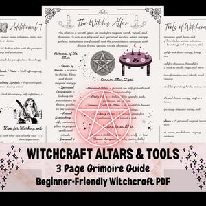 May include: A three-page grimoire guide titled "Witchcraft Altars & Tools" with beginner-friendly content. The guide features detailed information on altars, tools, and rituals, including altar types, purposes, and common elements. The text is set against a cream background with decorative borders.