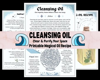 Puede incluir: Una receta imprimible para aceite de limpieza, con instrucciones, historia y usos mágicos. El diseño incluye un gráfico de onda y texto en un esquema de color azul claro y blanco. La receta detalla los ingredientes y métodos para la limpieza espiritual.