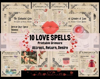 Pode incluir: Um conjunto de páginas de grimório imprimíveis com o texto "10 LOVE SPELLS" e "Attract, Return, Desire". As páginas têm uma estética vintage com ilustrações de rosas, corações e um bálsamo labial. O tema geral está relacionado ao amor e à magia.