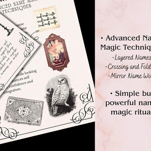 May include: A beige and white print with the text "Advanced Name Magic Techniques" and "Simple but powerful name magic ritual." The print includes illustrations of an owl, a framed picture, and a decorative book.