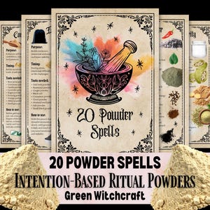 May include: A collection of informational cards titled 20 Powder Spells featuring a central illustration of a mortar and pestle with colorful powder splashes. The cards include text detailing purposes, timing, tools, and instructions for ritual powders.