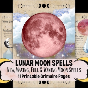 Powerful Lunar Moon Magic Spells Printable Set | New, Waxing, Full, Waning Moon Rituals for Manifestation, Love, Luck & Protection Grimoire