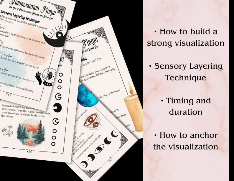 K&ouml;nnte beinhalten: Ein Stapel wei&szlig;er Karten mit dem Titel "Visualization Magic" und Text &uuml;ber sensorische Schichttechniken. Die Karten zeigen Illustrationen eines Mondes, eines Auges und einer Kerze. Der Hintergrund ist eine hellrosa Marmortextur.