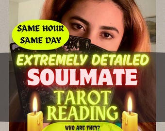 May include: An image promoting a tarot reading service. The text includes "Same Hour Same Day", "Extremely Detailed Soulmate Tarot Reading", and questions about the soulmate. Two lit candles flank the text. The background is a person holding tarot cards.