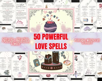 Pode incluir: Uma coleção de páginas de grimório de bruxaria imprimíveis com o texto "50 Feitiços de Amor Poderosos". As páginas apresentam ilustrações de corações, velas e um caldeirão, com texto incluindo "Amor Próprio, Atração, Paixão, Obsessão e Mais".