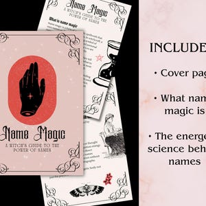 May include: A pink and black book cover with the title "Name Magic" and the subtitle "A Witch's Guide to the Power of Names." The cover features a black hand with a star on a red oval. Additional pages include illustrations and text.