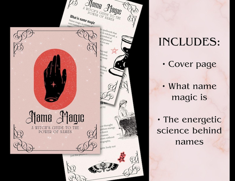 May include: A pink and black book cover with the title "Name Magic" and the subtitle "A Witch's Guide to the Power of Names." The cover features a black hand with a star on a red oval. Additional pages include illustrations and text.