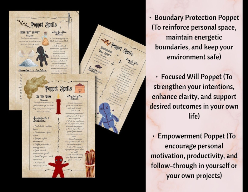 Dark Poppet Grimoire Printable, Advanced Protection and Boundary Spells, Shadow Work Witchcraft Guide, 13 Page Digital Grimoire Download image 5