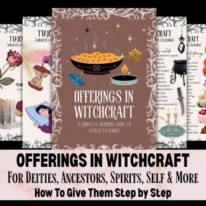 Puede incluir: Una colección de portadas de libros ilustradas con el título "Offerings in Witchcraft" y texto relacionado. Las portadas presentan varias imágenes, incluyendo un cuenco de comida, una vela y una persona durmiendo. El subtítulo del libro es "Una guía completa de grimorio para el intercambio sagrado."