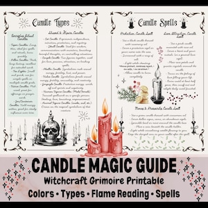 May include: A printable "Candle Magic Guide" with information on candle types, spells, and flame reading. The guide includes illustrations of candles, a skull, and decorative elements. The title is in large, bold letters at the bottom.