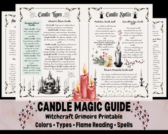 Puede incluir: Una "Guía de magia de velas" imprimible con información sobre tipos de velas, hechizos y lectura de llamas. La guía presenta ilustraciones de velas, una calavera y elementos decorativos. El título está en letras grandes y en negrita.