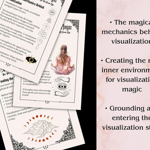 K&ouml;nnte beinhalten: Mehrere cremefarbene Karten mit schwarzem Text und dekorativen R&auml;ndern werden gezeigt. Die Karten behandeln Visualisierungstechniken, einschlie&szlig;lich der dahinter stehenden Mechanismen, der Schaffung der richtigen Umgebung und des Eintretens in den Visualisierungszustand. Die Karten zeigen Illustrationen.