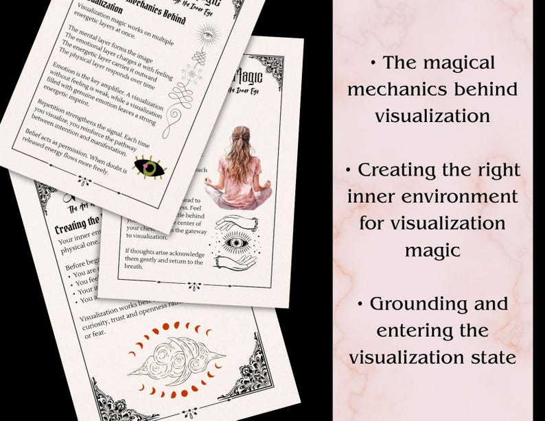 K&ouml;nnte beinhalten: Mehrere cremefarbene Karten mit schwarzem Text und dekorativen R&auml;ndern werden gezeigt. Die Karten behandeln Visualisierungstechniken, einschlie&szlig;lich der dahinter stehenden Mechanismen, der Schaffung der richtigen Umgebung und des Eintretens in den Visualisierungszustand. Die Karten zeigen Illustrationen.
