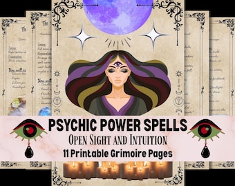 May include: Digital art print with a woman with a third eye, a purple moon, and star accents. The image includes text that reads "Psychic Power Spells, Open Sight and Intuition, 11 Printable Grimoire Pages."