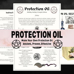 May include: A collection of white paper pages with text and illustrations about Protection Oil. The pages include instructions, a recipe, and key information. The title "Protection Oil" is prominently displayed in large, bold letters. The pages are decorated with stars and a pentagram.