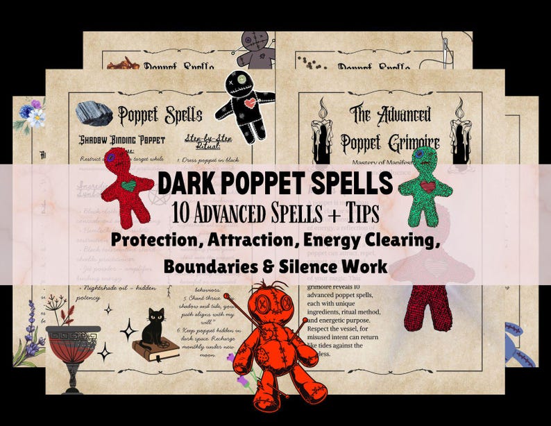 Dark Poppet Grimoire Printable, Advanced Protection and Boundary Spells, Shadow Work Witchcraft Guide, 13 Page Digital Grimoire Download image 1