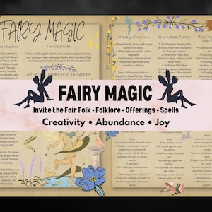 Puede incluir: Ilustración detallada con el texto "Fairy Magic" y temas relacionados. La imagen incluye información sobre hadas, su reino, ofrendas y cómo invitarlas. El diseño presenta una estética caprichosa con ilustraciones florales y de hadas.