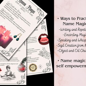 May include: A collection of printed papers with the title "Ways to Practice Name Magic". The papers feature illustrations of candles, jewelry, and lips. Text includes methods like "Sigil Creation from Names" and "Object and Oil Charging".