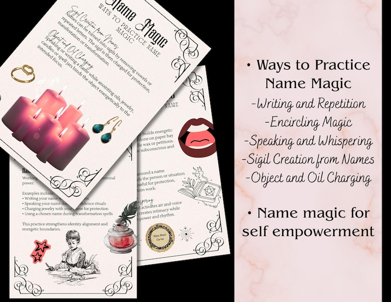 May include: A collection of printed papers with the title "Ways to Practice Name Magic". The papers feature illustrations of candles, jewelry, and lips. Text includes methods like "Sigil Creation from Names" and "Object and Oil Charging".