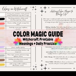 Op de afbeelding: Een afdrukbare "Color Magic Guide" met informatie over kleur betekenissen in hekserij en dagelijkse praktijk. De gids bevat tekst en kleurstalen, met een decoratief sterrenontwerp.